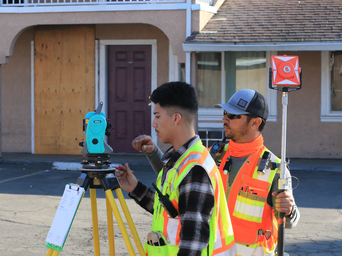 Deux professionnels en gilet réfléchissant utilisent des instruments de mesure sur le terrain.