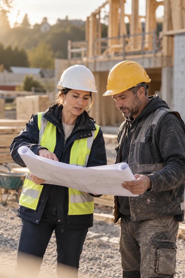 Scène illustrée de deux professionnels de la construction qui préparent leur travail.